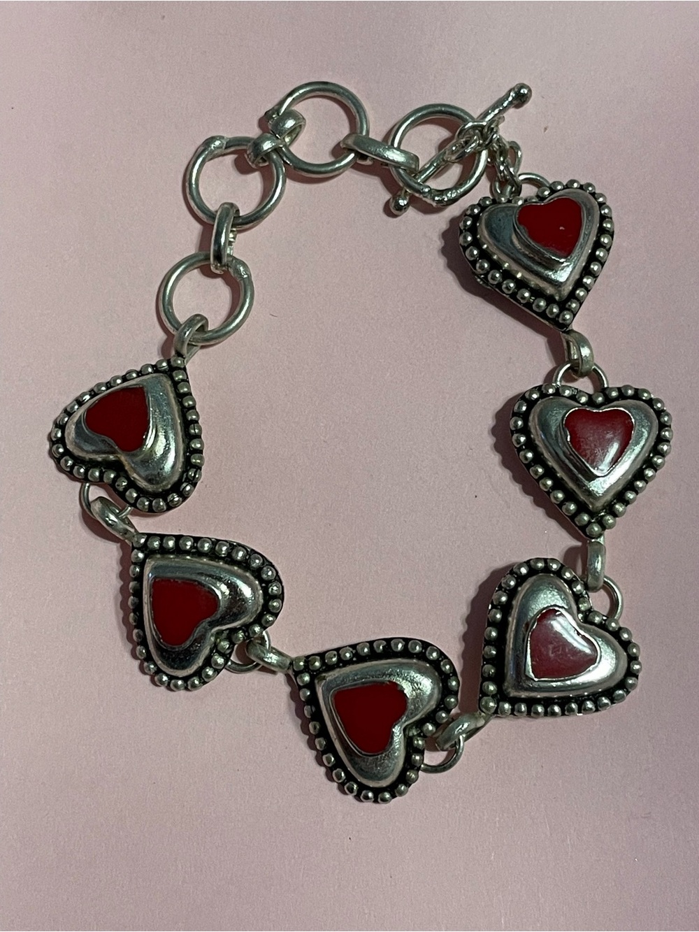 Elegante Silver Tone Red Heart Link Bracelet #9659 💎